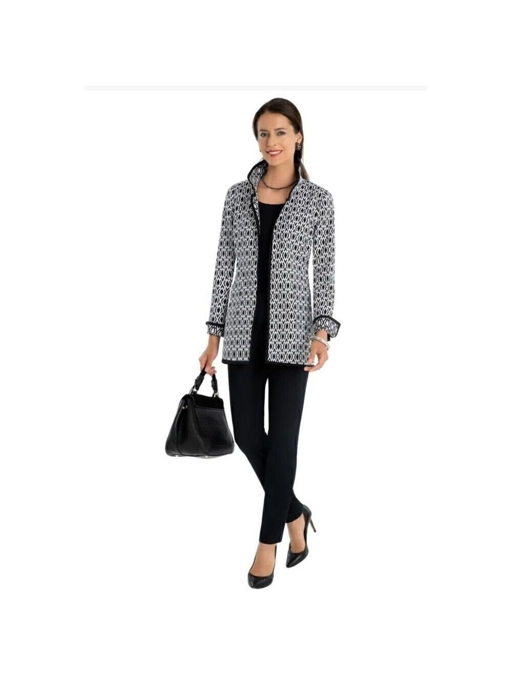 Nina Mclemore Black Diamond Jacquard Long Sleeve Coat Blazer Jacket Size 10